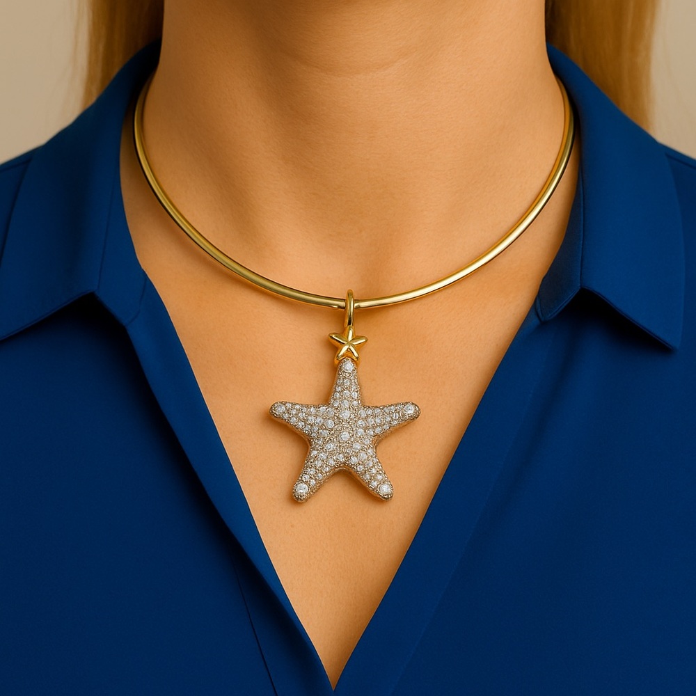 Vintage 14kt Gold Plated Omega Choker Necklace w/detachable Crystal Starfish